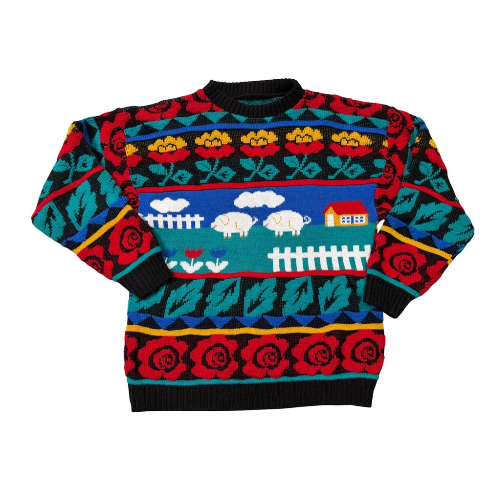 Vintage 80s Pig Farm Sweater Medium Colorful Novelty Floral Graphic Knit